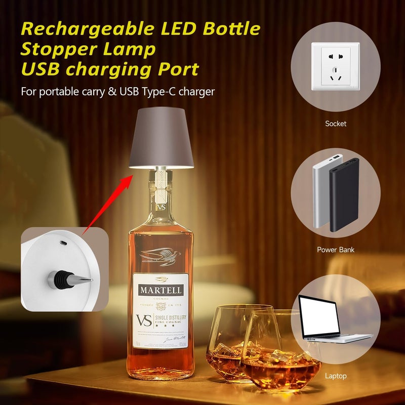 Hoide Store 2025 New Wireless Bottle Lamp - LED Bottle Lights for Liquor & Wine Bottles, Cordless Lampshade, Whiskey Bottle Top Light, Bottle Stopper Night Light Kit, Rechargeable 3-Tone Touch-Dimmable - Image 3